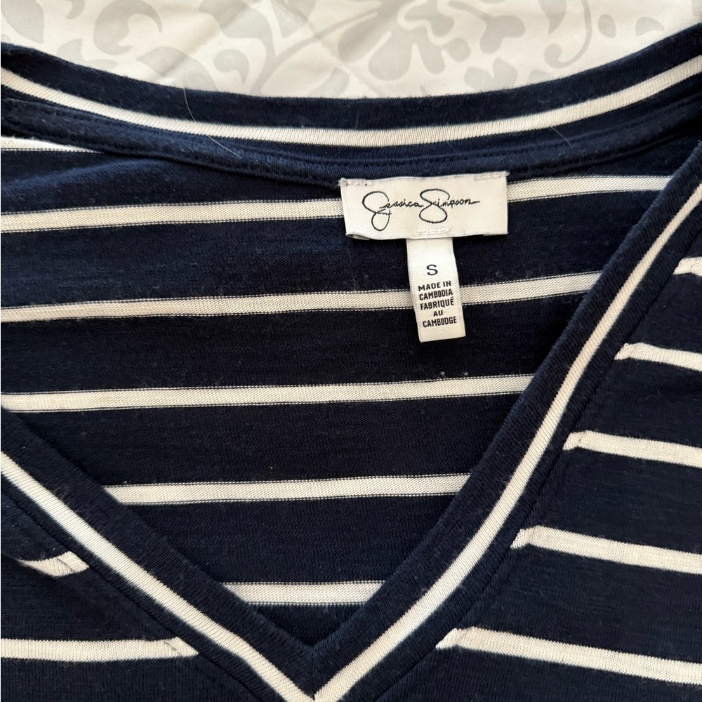 Jessica Simpson Dark Blue and White Striped V-Neck Top